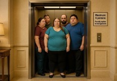 Five very large people in a lift