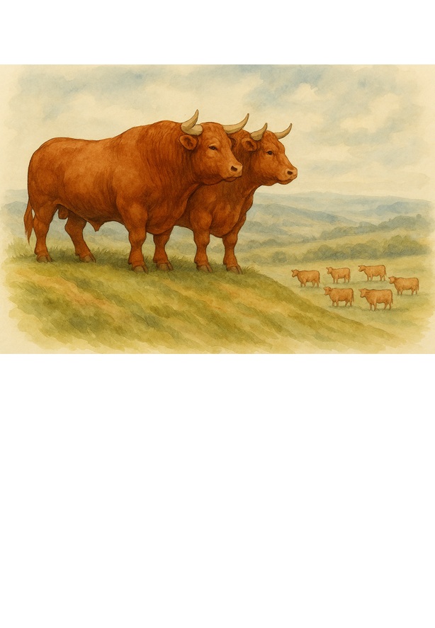 two bulls at the top of a hill overlooking many cows down below