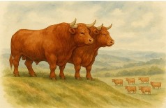 two bulls at the top of a hill with many cows down below