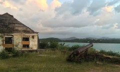 Cannon aimed out to sea alongside a run down building